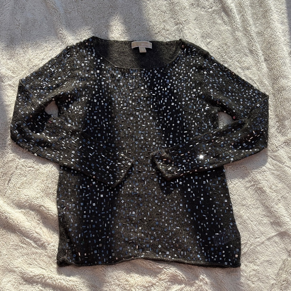 Michael Kors Grey Sequin Knit Sweater Top Medium | Sparkly Party Holiday - Picture 2 of 7